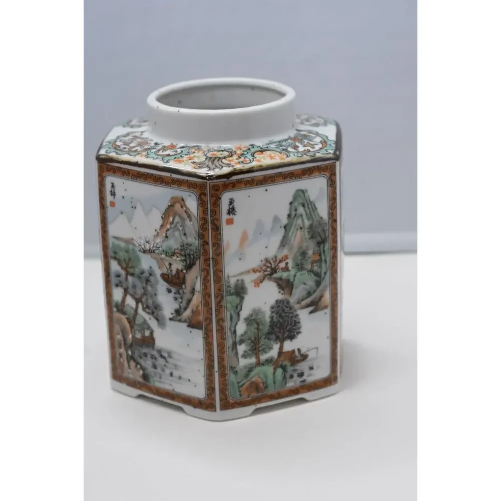 Japanese Enameled Porcaline Hand Painted Sansui Hexagon Nippon Vase